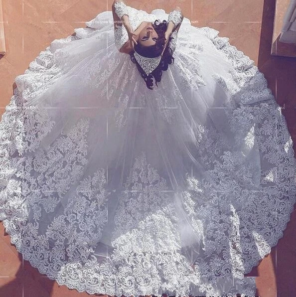 Long-Sleeve Modest Court-Train V-neck Ball-Gown Lace Wedding Dress