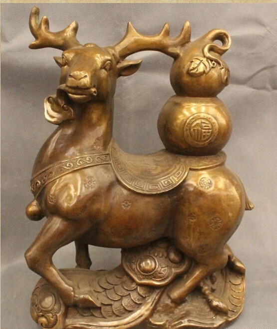 

14" Chinese Bronze Wealth Deer Sika deer Bottle gourd Longevity Statue Sculpture