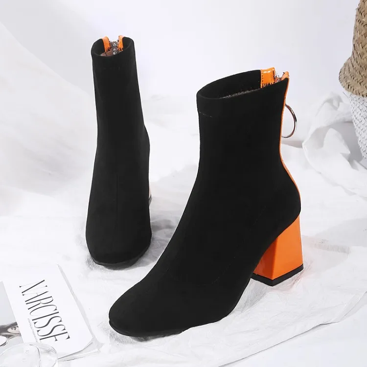 Sianie Tianie/контрастный цвет; цвет оранжевый, черный; обувь на высоком каблуке; женские ботильоны из эластичной ткани; носки; ботинки; размер 45, 46