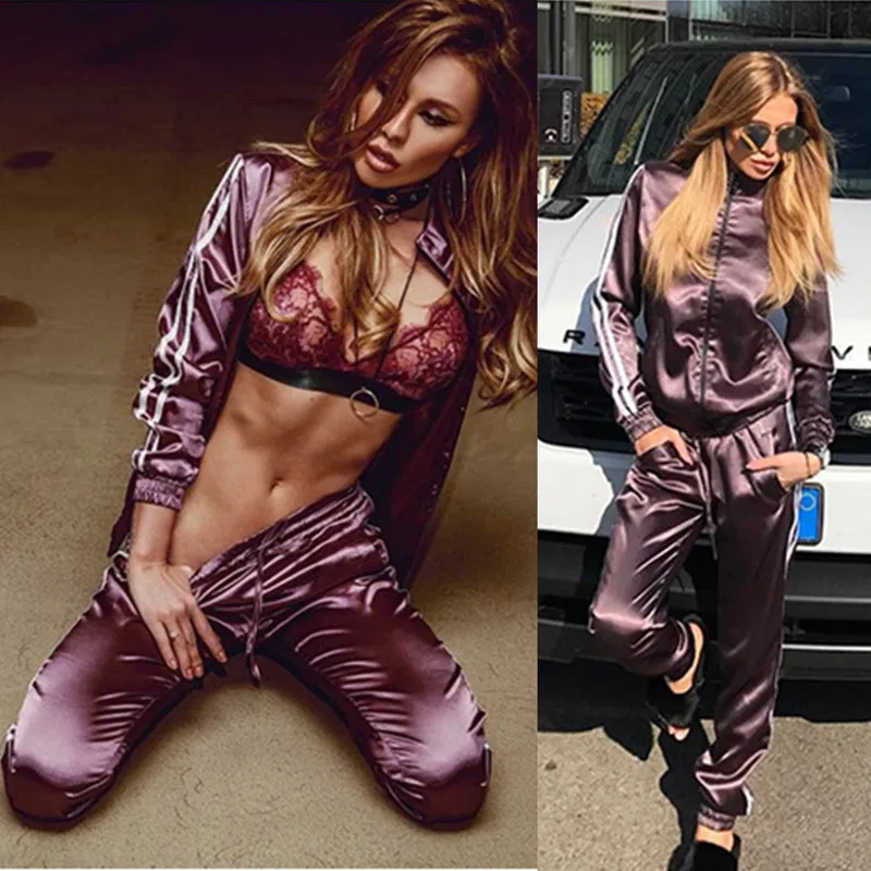 

Spring 2019 Casaul Tracksuit Women 2 Piece Set Top And Pants Satin Striped Patchwork Zipper Sexy Sweatshirt Sweat Suit