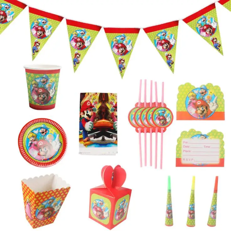 

Super Mario theme disposable set paper plates cups napkins Mario Bros themed party decorations candy boxes blowouts banners