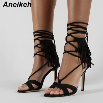 

Aneikeh Flock Women Heeled Sandals Bandage Ankle Strap Pumps Super High Heels 11 CM Peep Toe Lace-Up Dress Lady Shoes