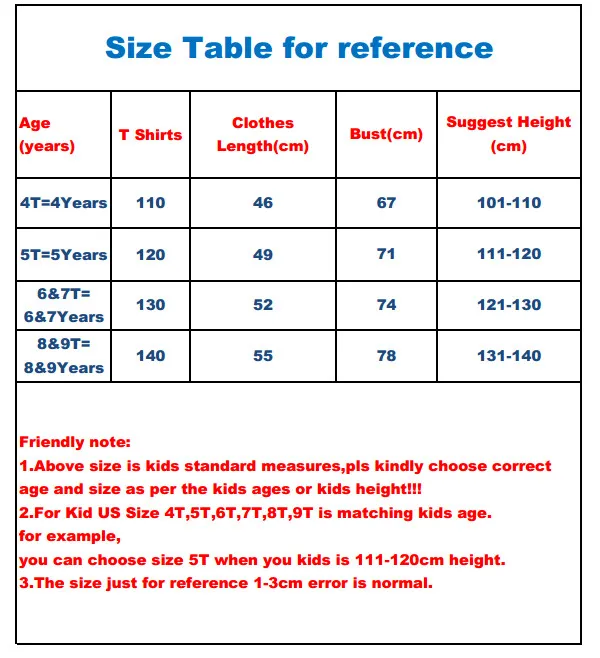 shirts165 size table