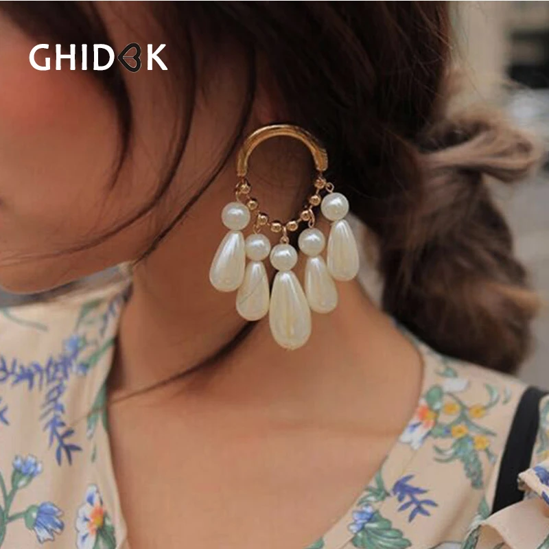 

GHIDBK Gold Color Hanging Pearls Hoop Earrings for Women Vintage Big Large Earrings Baroque Oversize Hoops Earrings Statement