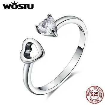 

WOSTU Genuine 925 Sterling Silver Matching Hearts Shape with Clear Cubic Zircon Open Adjustable Rings for Women Gift CQR073