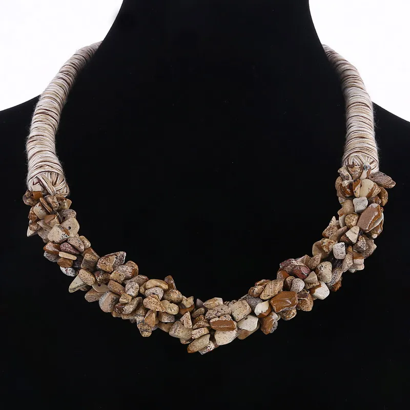 

Brazilian Tiger Eye Stone Necklaces Chips Cluster Choker Statement Necklace Collar Braided Rope Quartz Crystal Pendants