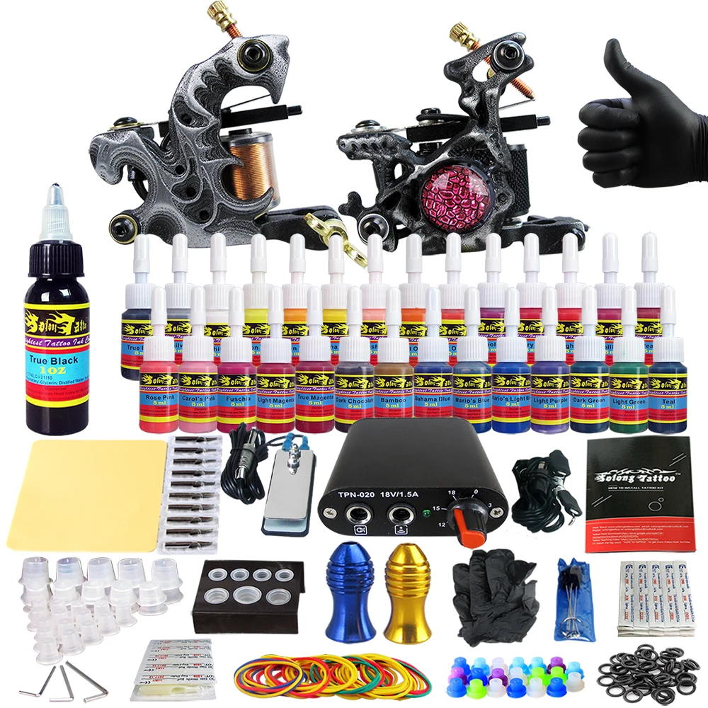 

Tattoo Kit 2 Machine Guns Set 28Color Inks Power Box Foot Pedal Needles TK204-29