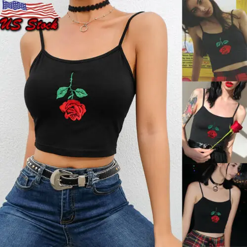 Fashion Casual Black Spaghetti Strap Top Sexy Sleeveless Backless Tank Women Embroidery Streetwear Crop Tops Tees Summer | Женская