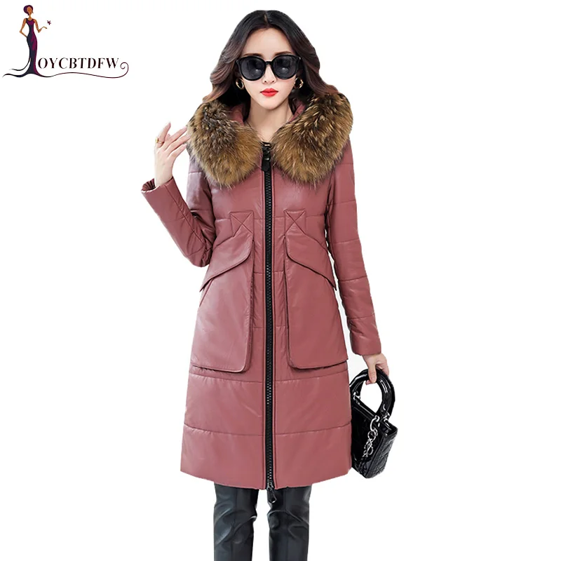 

2018 New Leather Down Jacket Women Long Parka Winter Fashion Sheep Leather Slim Big pocket Raccoon fur collar Feminino Outerwear
