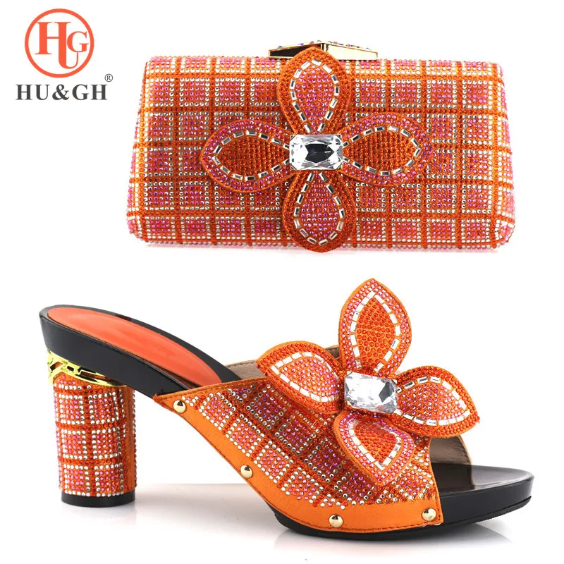 

New Orange Color Italian Shoes with Matching Bags for Wedding Italy Nigerian Wedding Shoes and Bag Set African Party women shoes