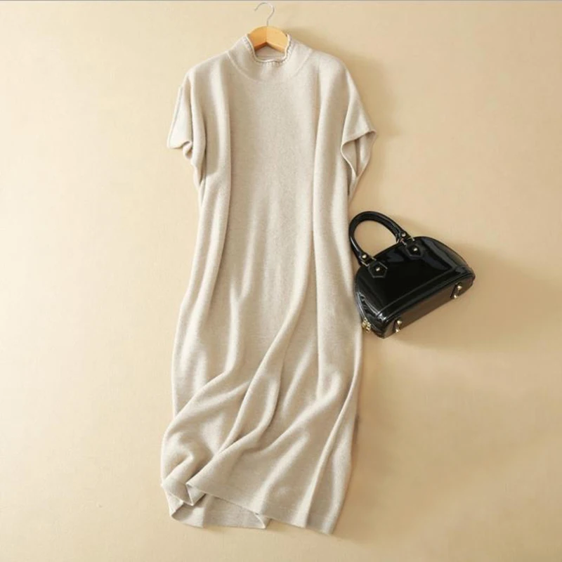 

Sweater Dress Cashmere 2018 Fashion Short Sleeves 100% Pure Cashmere Elegant Turleneck Knitwear Long Sweater Dress Women Winter