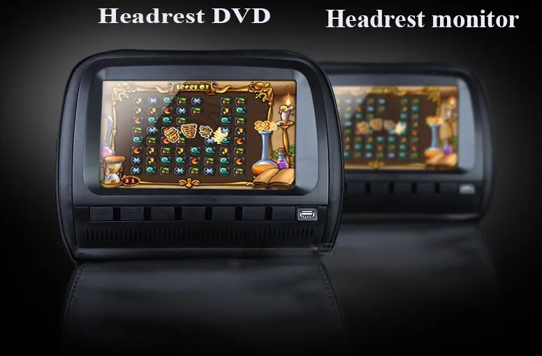 Clearance one pair 9 inch car headrest DVD player/lcd monitor,with zipper cover,USB/SD,32bit  Game,IR,FM,TV(optional),one DVD +one monitor 3