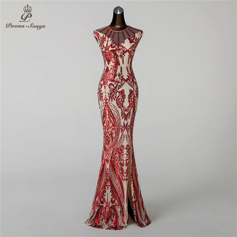 

Poems Songs2019 Mermaid Evening Dress prom gowns Formal Party dress vestido de festa Vintage Red Slit Luxury Sequin robe longue