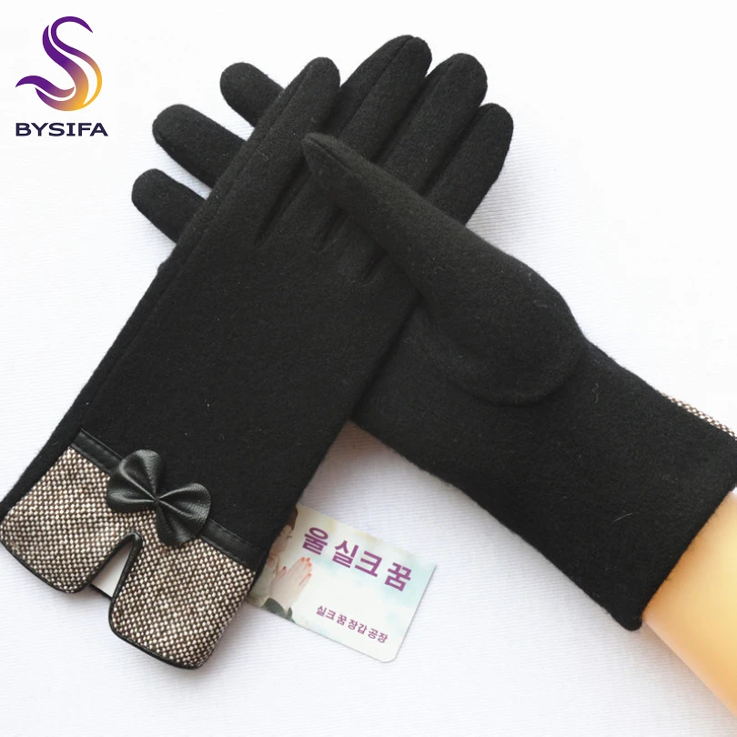 [BYSIFA] женские шерстяные кашемировые перчатки Зима Элегантный Бант Полный палец черные перчатки Модные осенние мягкие теплые варежки перчатки