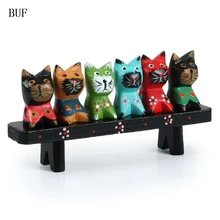 BUF 6Pcs/Set Southeast AsiaStyle Wooden Cat With Desk Ornament Statue Creative Handmade Home Decoration Accessories Wedding Gift BUF 6Pcs/Set Southeast AsiaStyle Wooden Cat With Desk Ornament Statue Creative Handmade Home Decoration Accessories Wedding Gift