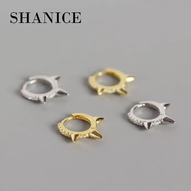 SHANICE 100% стерлингового серебра 925 пробы панк крутой свет заклепки маленький открытый обруч серьги кубический цирконий остроконечные серьги ...