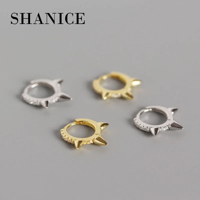 

SHANICE 100% 925 Sterling Silver Punk Cool light Rivet Small Open Hoop Earrings Cubic Zirconia Spike Earring For Women Jewelry