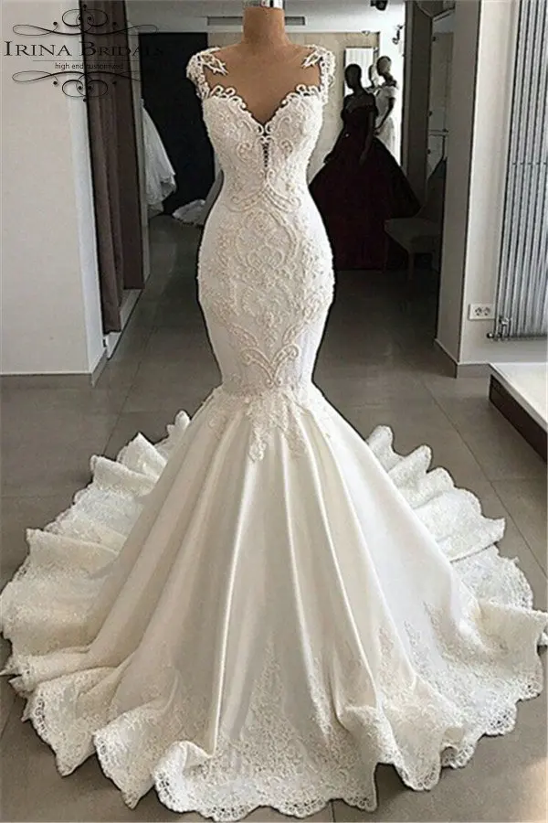 Irina Bridals кружевная Апликация с рукавами-крылышками и жемчугом, атласное с юбкой-русалкой, свадебное платье