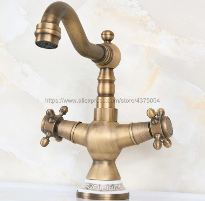 Basin Faucets Antique Brass Double Cross Handle Bathroom Sink Faucet Swivel Spout Bathbasin Vanity Mixer Taps Nnf604