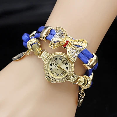 Shsby модные женские Стразы Часы Женский веревочный ремешок золотой сплав браслет с бантами кварцевые наручные часы Женское платье часы - Цвет: Синий