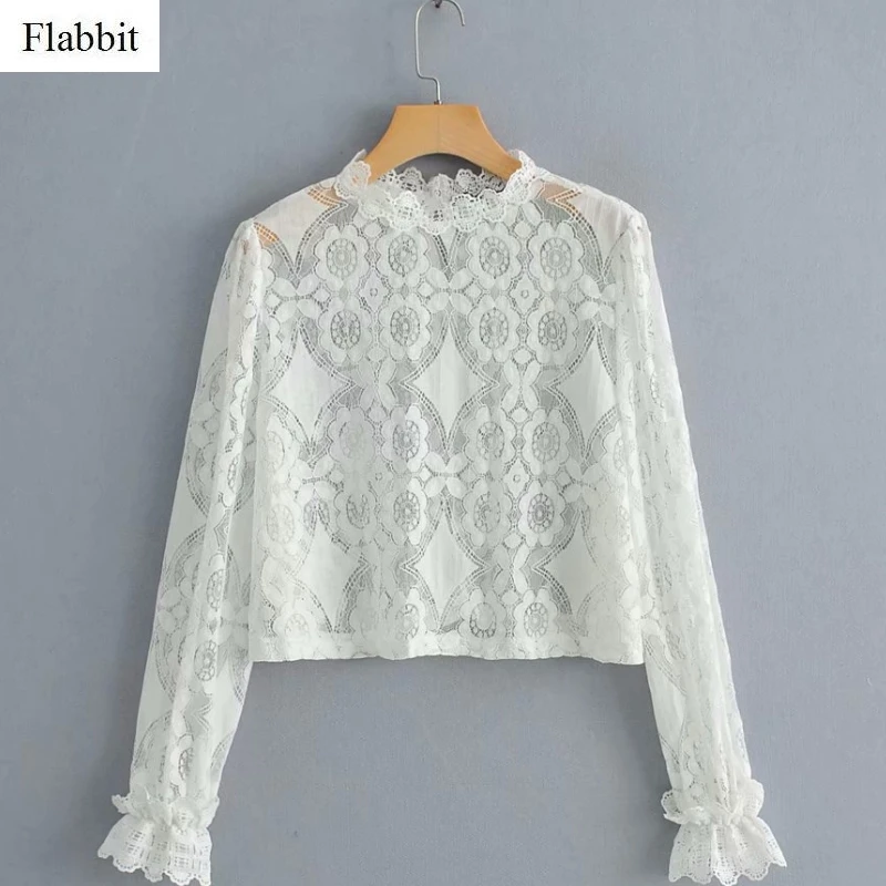 

Flabbit women fashion o neck hollow out lace splicing casual T-shirt ladies long sleeve white loose tops femme tee shirt LX0543