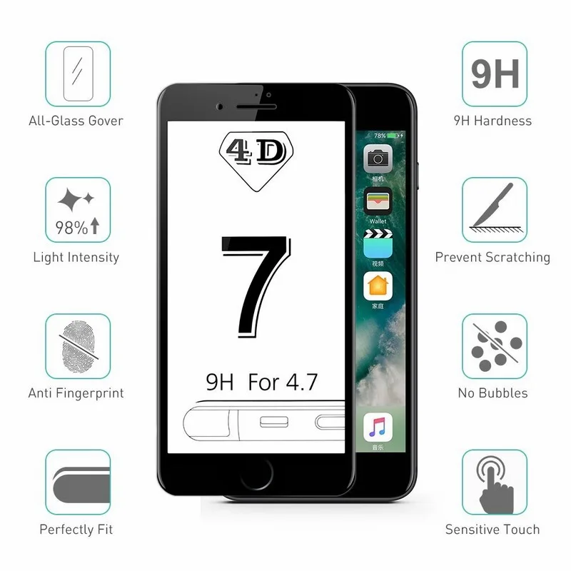 Ascromy For iPhone 7 Screen Protector 4d Curved Full Cover Tempered Glass ScreenProtector Film 3D For iPhone 8 Plus 6 S 6S X 10 (2)