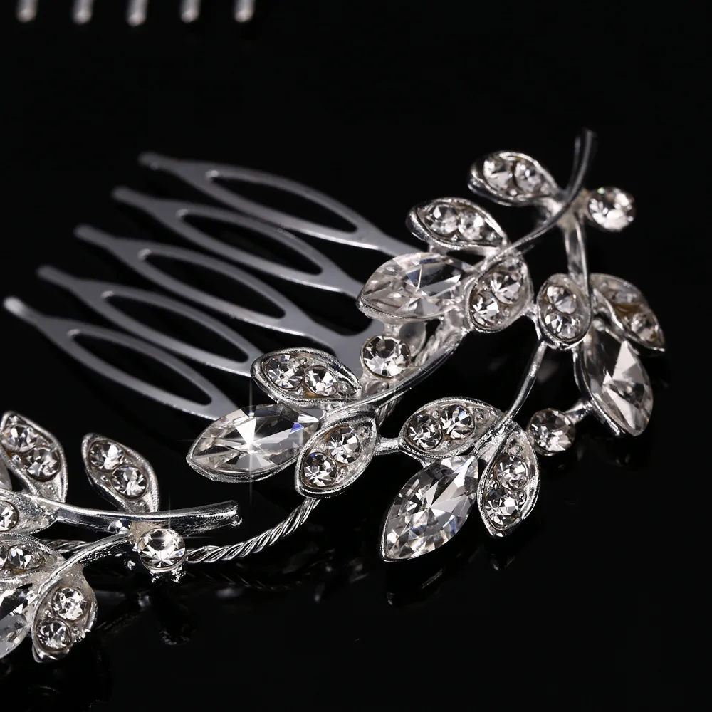 Popular flower leaves luxurious bride long head ornament alloy full drill Comb Wedding bride silver plated hair accessories