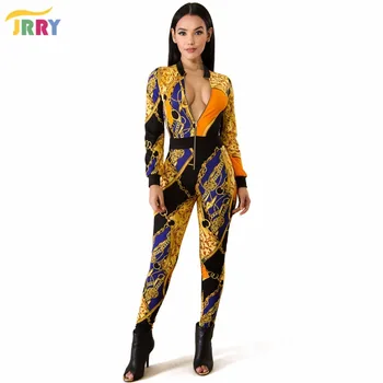 

JRRY Casual Long Sleeve Zippers Print Women Jumpsuit Turtleneck Top Long Skinny Pants Ladies Jumpsuits