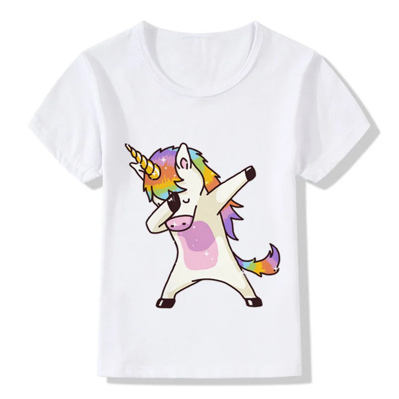 Детская забавная футболка с изображением единорога детские летние топы, футболка с короткими рукавами для мальчиков и девочек одежда для малышей с изображением кролика/кота HKP2081 - Цвет: whiteN