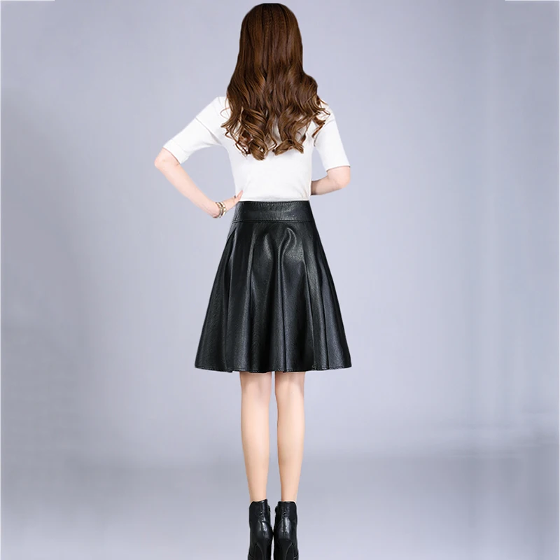 Осенняя Женская юбка из искусственной кожи с высокой талией, юбка-трапеция из искусственной кожи, свободная повседневная юбка размера 4XL, Черная Женская юбка из искусственной кожи
