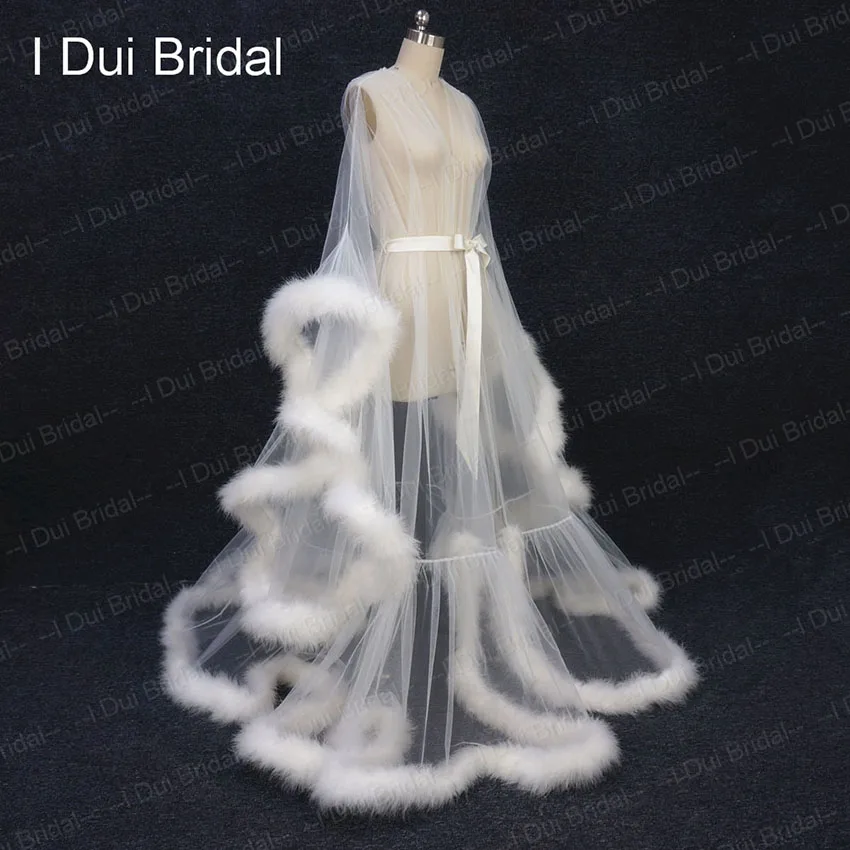 Ivory Feather Bridal Robe Tulle Illusion Long Wedding Scarf Made Feather Birthday Robe Intimate Apparel