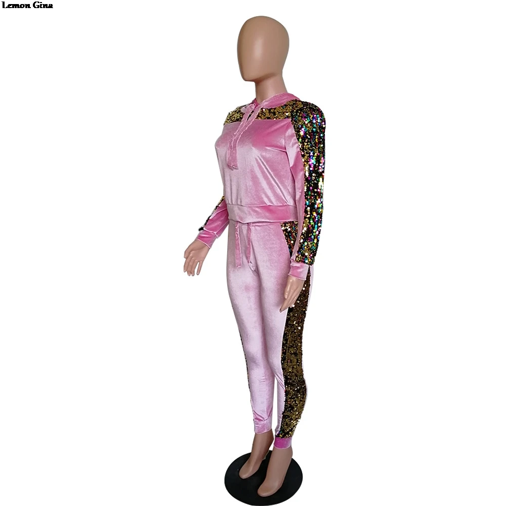Lemon Gina/женские бархатные пуловеры с капюшоном, расшитые блестками, верхний карандаш, штаны, костюмы, 2 предмета в комплекте, спортивный костюм, 5 цветов, YM-8307