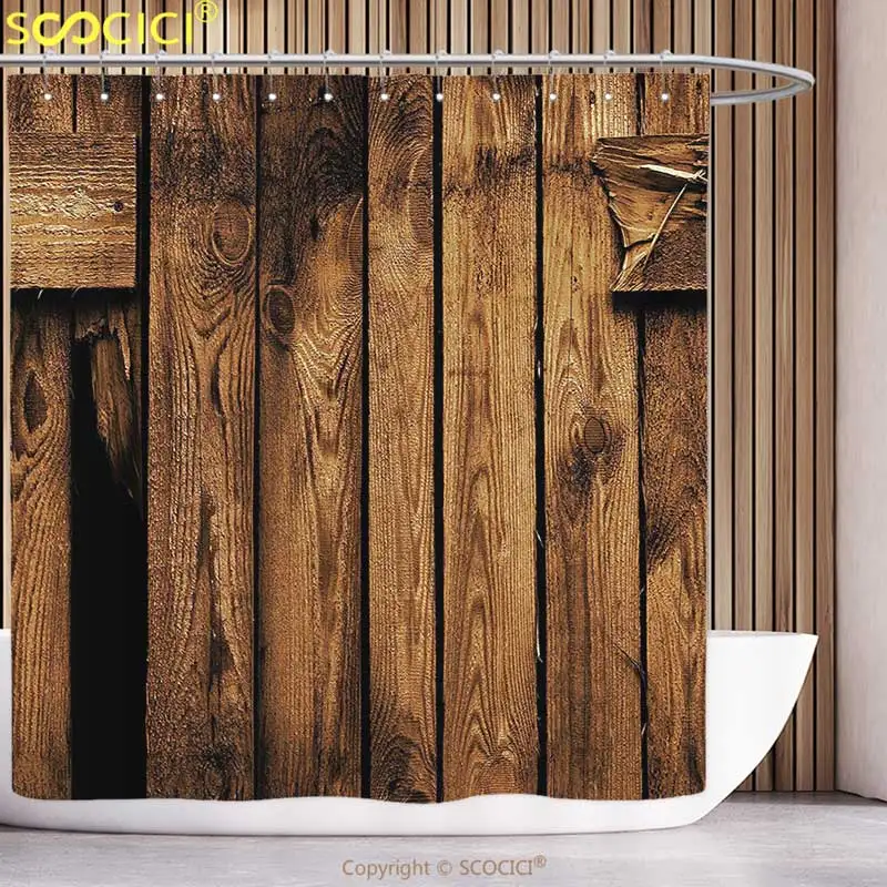 

Decorative Shower Curtain Farm House Decor Vertical Striped Old Timber Backdrop in Dirt with Hole Ruins Abandoned Village Brown