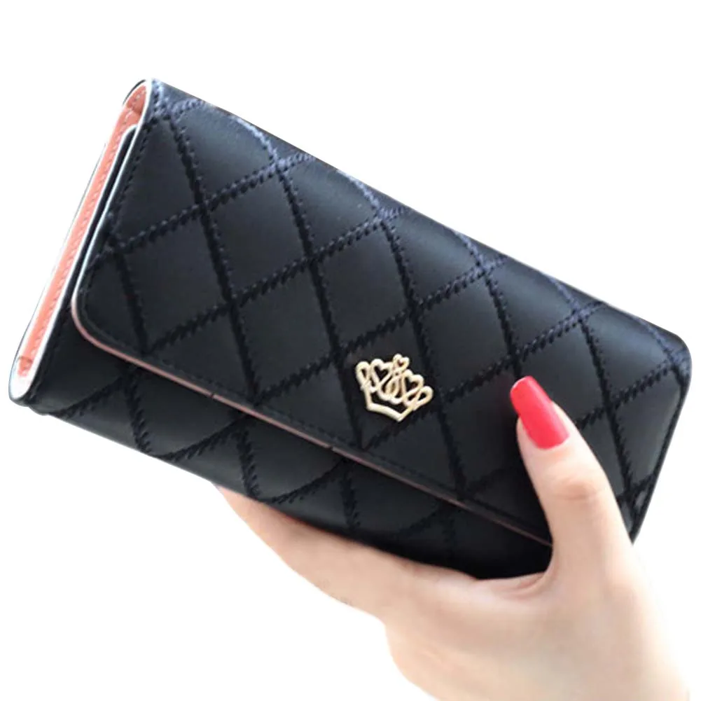 

Hot New Fashion Trend Crown Logo Lattice Embroidery Flip Long Purse Money Clip Wallet BVN66