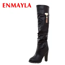ENAMYLA/черные, коричневые, белые сапоги модные женские сапоги до колена с круглым носком, Новые Популярные высокие сапоги на квадратном каблуке зимние сапоги из мягкой кожи