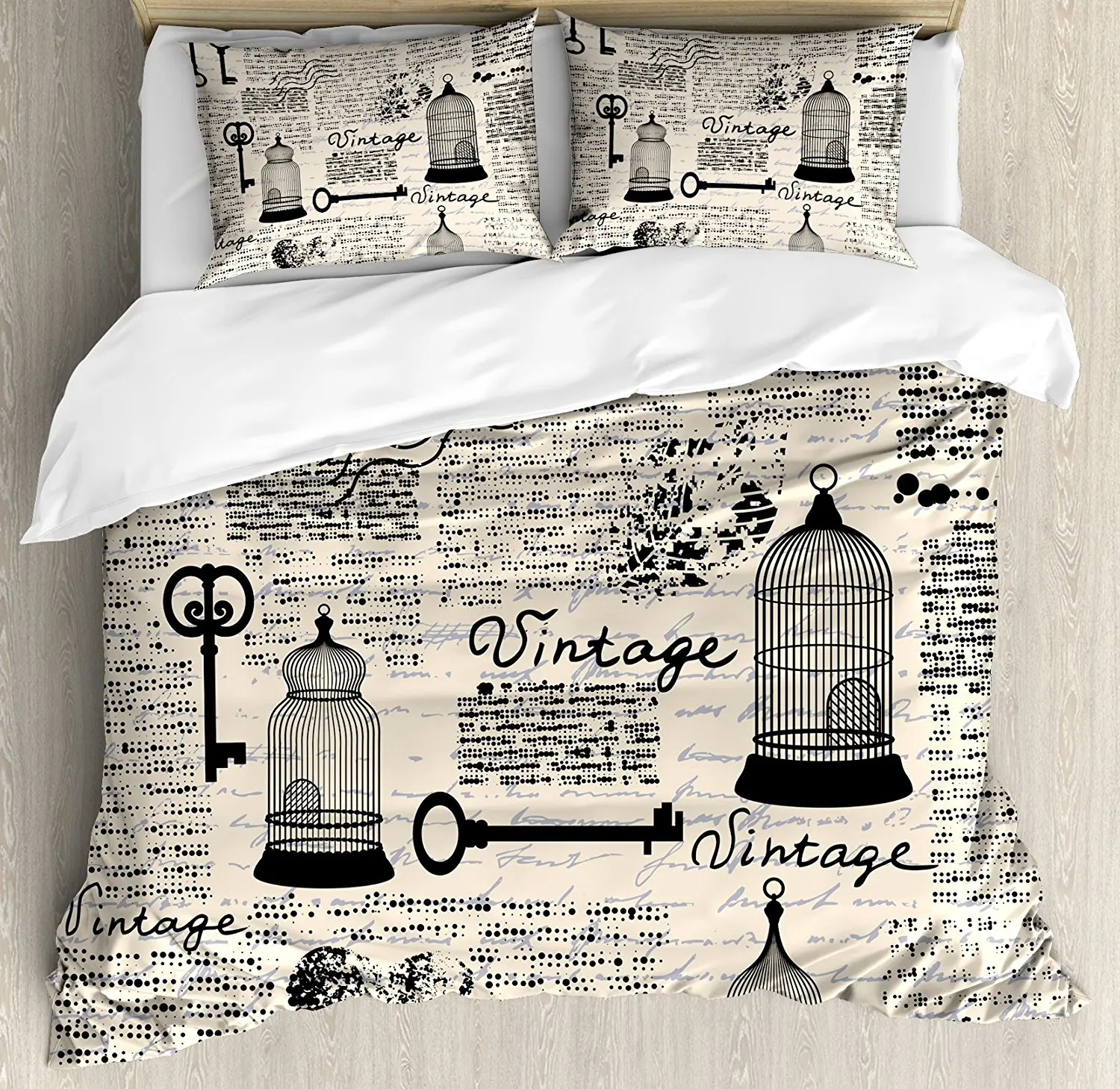 

Old Newspaper Decor Duvet Cover Set King Size Grunge Pattern with Bird Cages Keys Heart Shapes and Flower 4 Piece Bedding Set