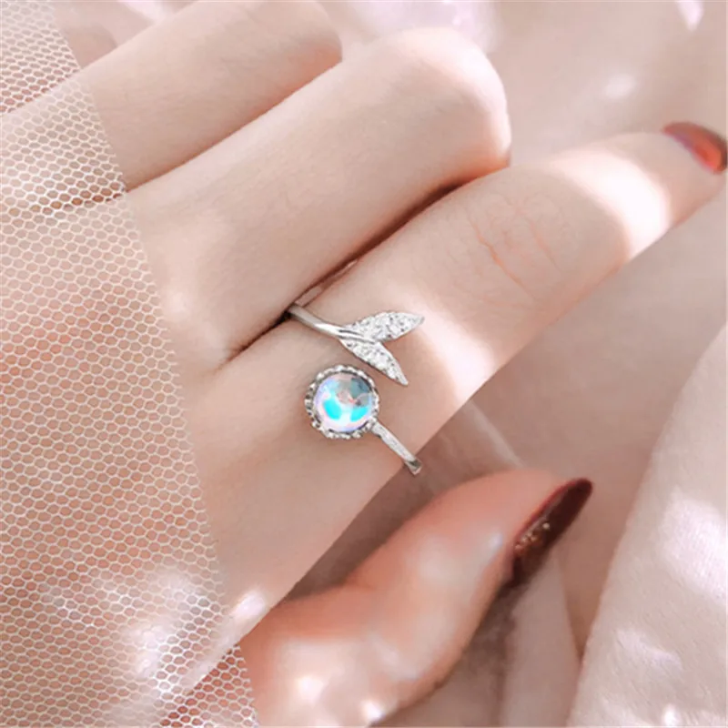 

925 Sterling Silver Open Crystal Mermaid Bubble Rings for Women Girls Gift Statement Jewelry Adjustable Size Finger Ring jz459