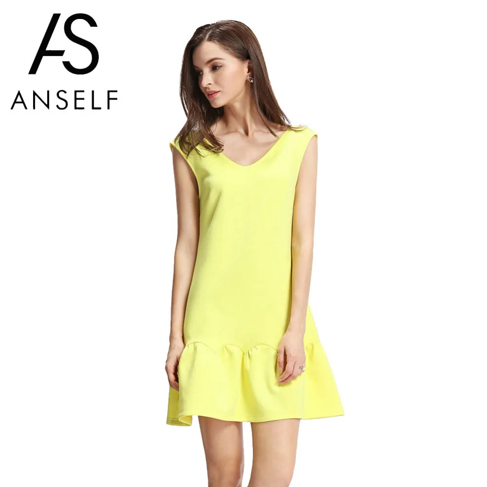

Anself 2019 Fashion Summer Dress Women Deep V Back Wide Ruffle Hem Short Sundress V Neck Sleeveless Mini Dress Yellow Vestidos