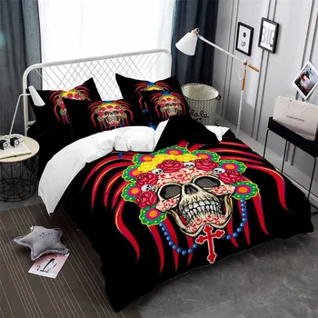 

Tribal Skull Bedding Set Colorful Feather Flowers Print Duvet Cover Set Bohemia Bed Cover Pillowcase Day of the Dead Bedclothes