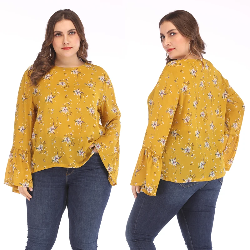 

2019 Women New Fashion Chiffon Floral Shirt Flare Full Sleeve Oversize Blouse Fat Hot Loose Casual Shirt