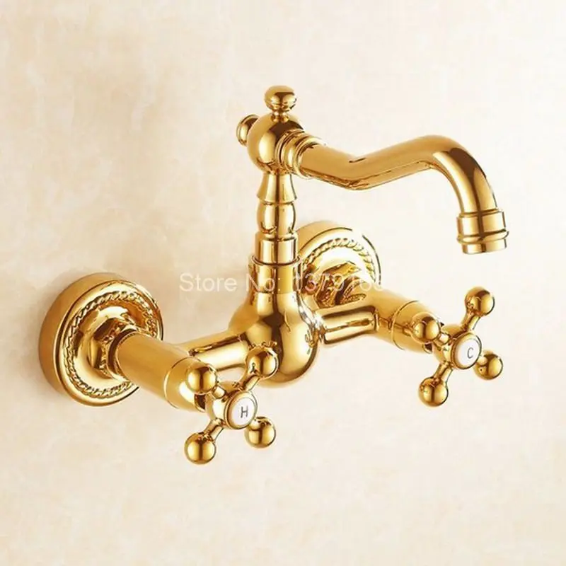 Luxury Gold Color Brass Wall Mounted Swivel Spout Bathroom Bath Tub Faucet Hot Cold Mixer Taps
