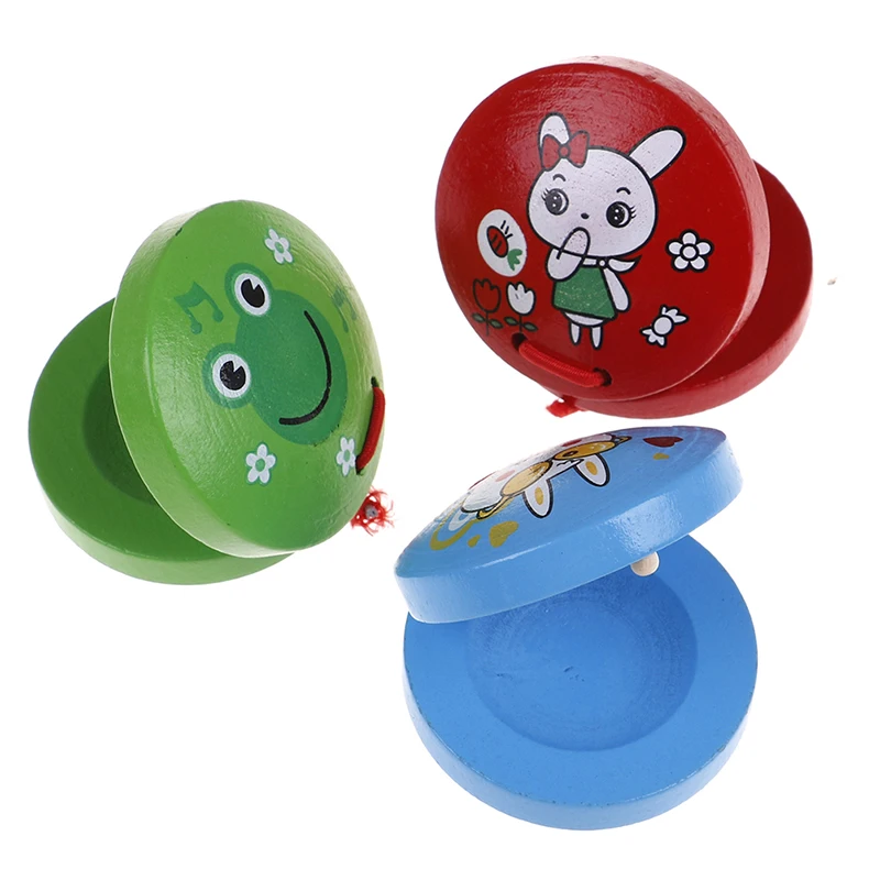 1Pc Cartoon Animal Wooden Castanet Handle Musical Instrument Toy Color Random t 
