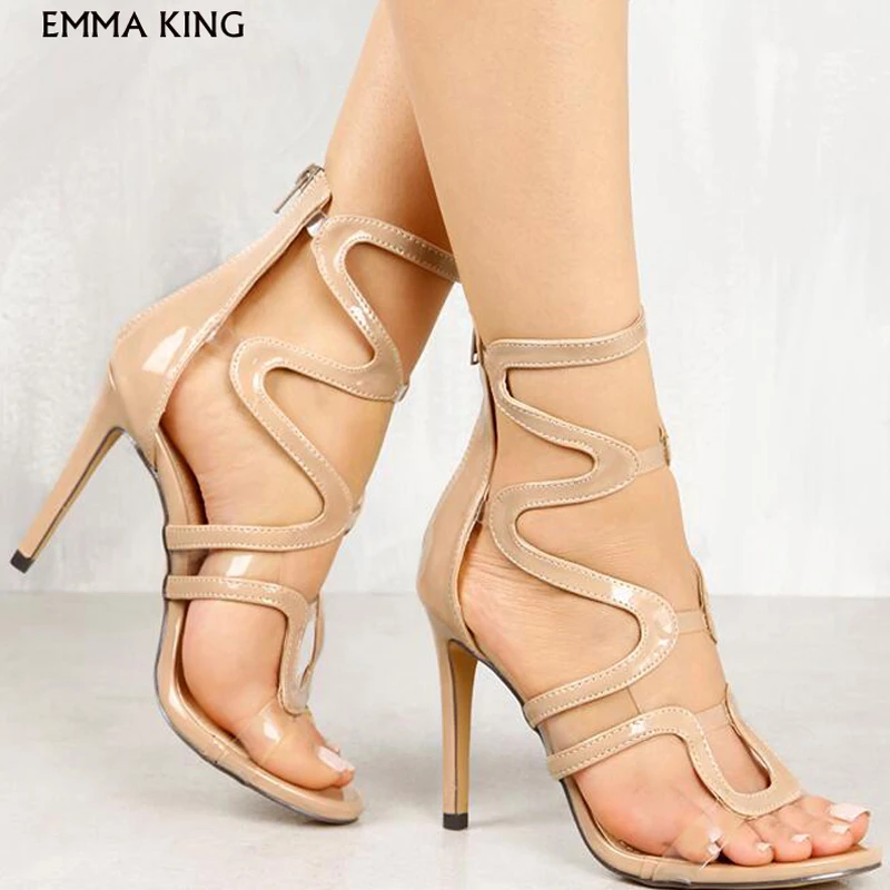 

EMMA KING New Sandalias Mujer Fashion Open Toe Patent Leather PVC Patchwork High Heel Sandals Cut-out Transparent Shoes Woman