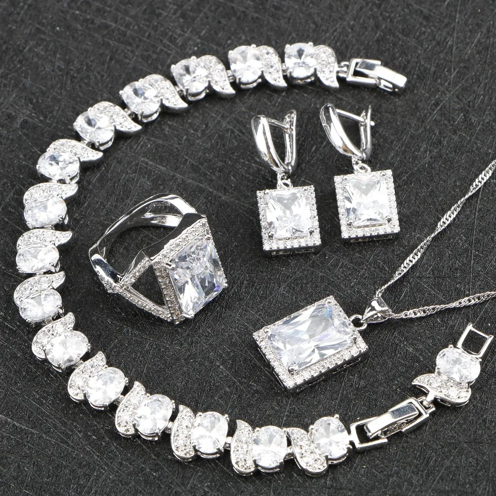 

White CZ Silver 925 Women Costume Bridal Jewelry Sets Earrings Pendant Necklace Ring Bracelets For Wedding Set Free Gift Box