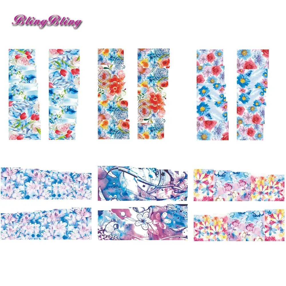 6 Packs Nail Wraps Water Transfer Decals Stickers Full sheets Naisl Art WaterSlide Tattoo Decoration Blue Bloomy Floral Designs