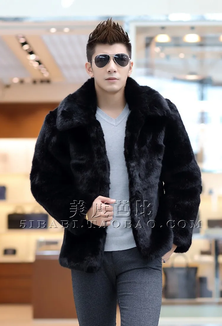 dark brown leather jacket New 2018 winter fashion men faux fur jacket Soft and comfortable warm rabbit fur Turn-down Collar solid color  fur coat leather varsity jacket
