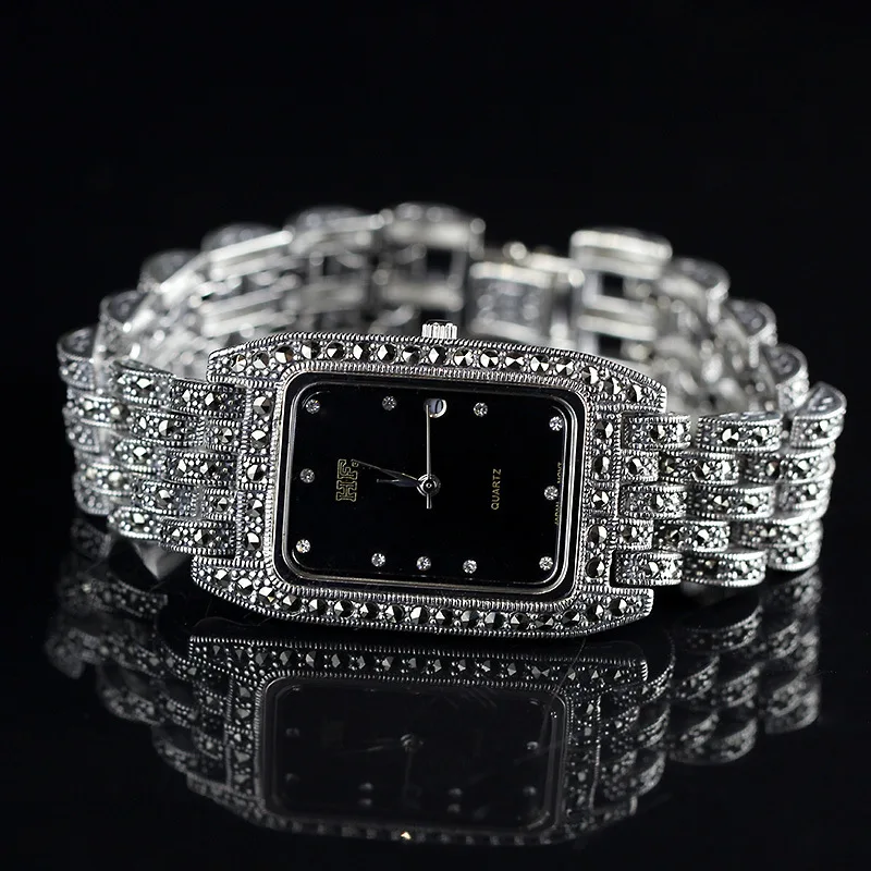 prata thai pura pulseira feminina relógios tailândia praça strass bangle