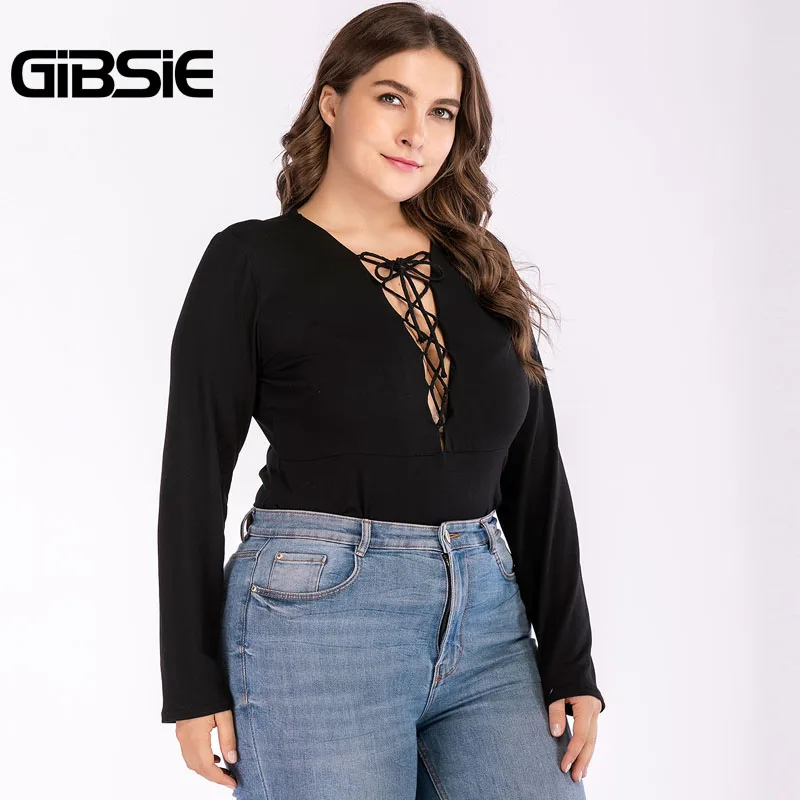 GIBSIE Plus Size Women Clothing Black Sexy Lace up Bodysuit Women Romper 4XL Autumn V-Neck Long Sleeve Solid Bodysuit GIBSIE Plus Size Women Clothing Black Sexy Lace up Bodysuit Women Romper 4XL Autumn V-Neck Long Sleeve Solid Bodysuit