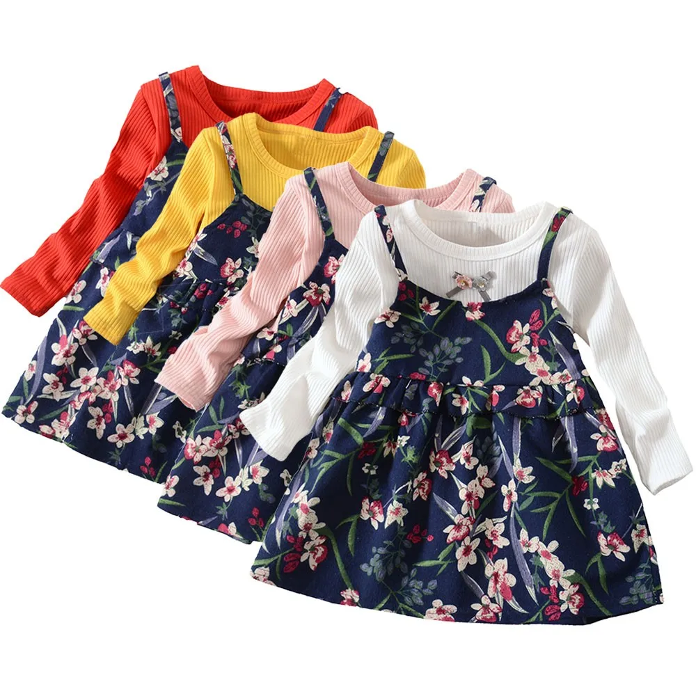 

Toddler Baby Girls Long Sleeve Floral Flower Print Dress Outfits Clothes Casual wear Wholesale&Dropshipping