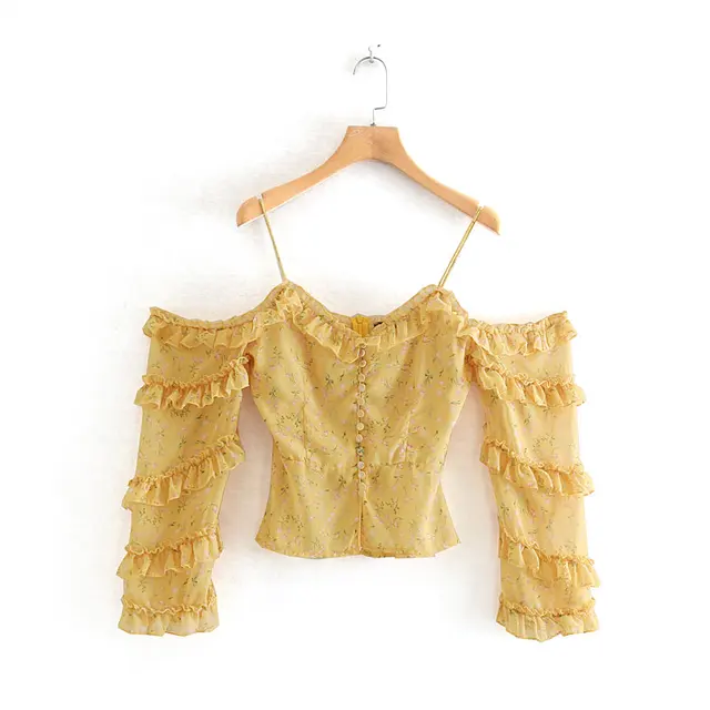 2019 women sweet butterfly sleeve floral print yellow sling blouse shirts pleated ruffles buckles chemise blusas tops LS3744